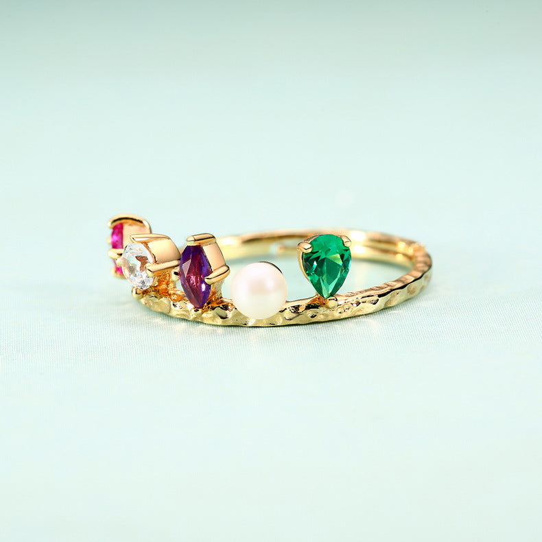 Colored Gems Amethyst And Pearl Ring