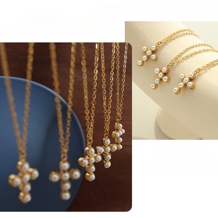 Gold Enhancer Pearl Cross Pendant Necklace