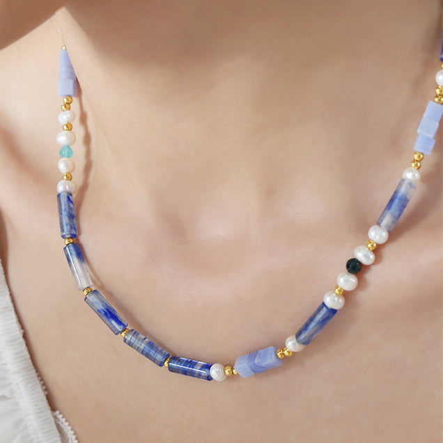 Natural Freshwater Pearl And Blue Chalcedony Beaded Necklace