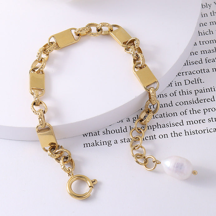 Unisex Wide Flat Gold Chain Pearl Charm Bracelet