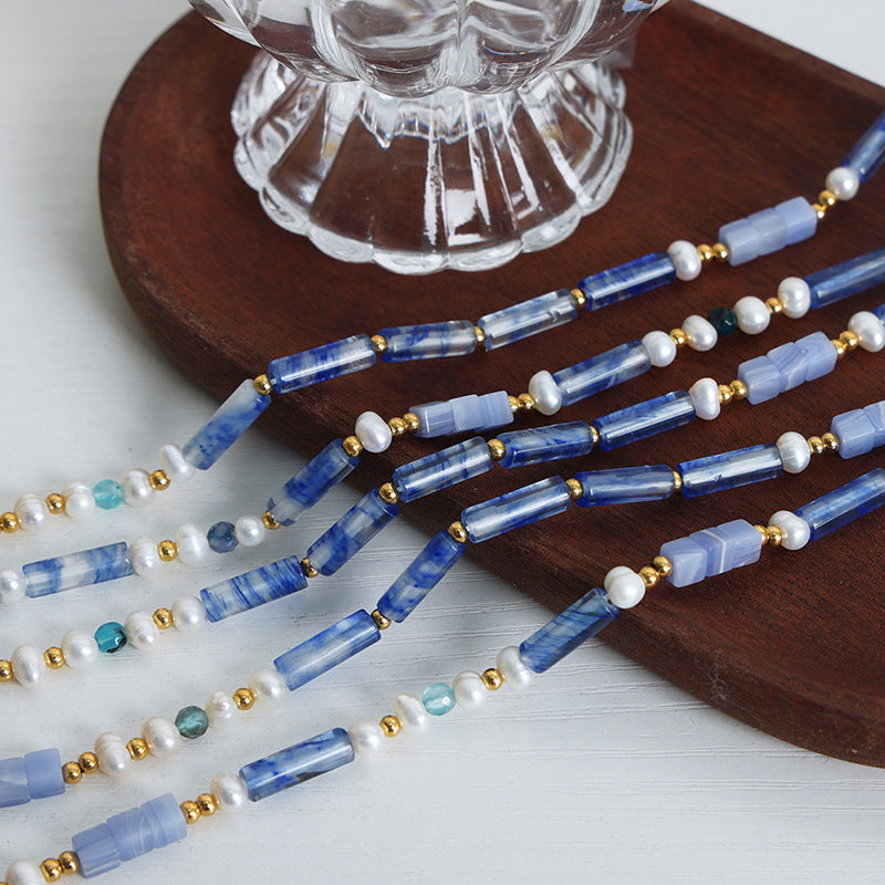 Natural Freshwater Pearl And Blue Chalcedony Beaded Necklace