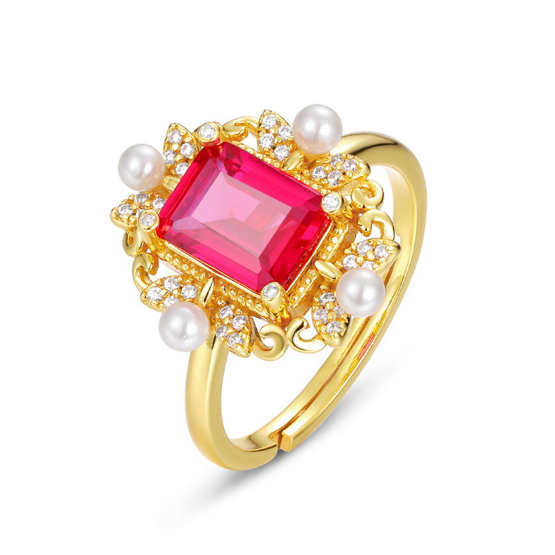 Retro Court Style Ruby And Pearl Ring