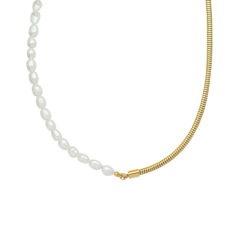 Half Freshwater Pearl Half Snake Chain Necklace