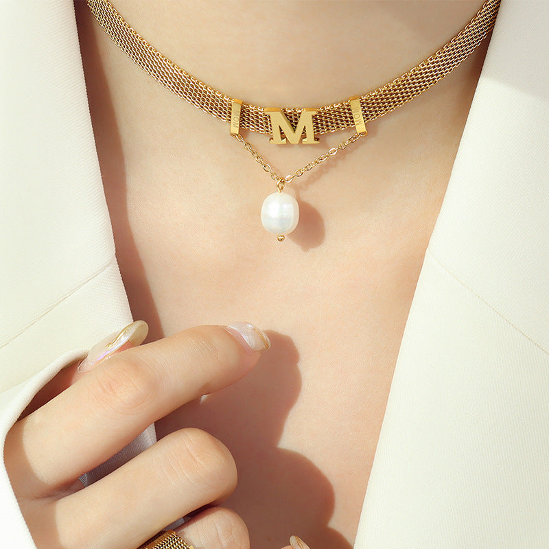 Letter M Pearl Pendant Wide Flat Necklace And Bracelet Set