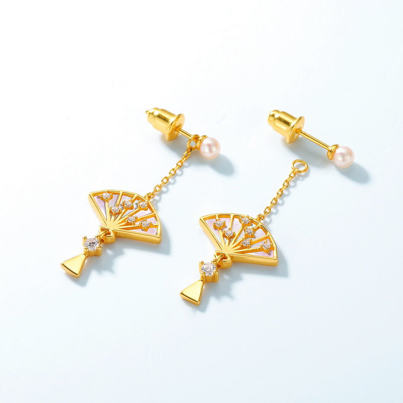 Pearl Studs Gold Fan Earrings