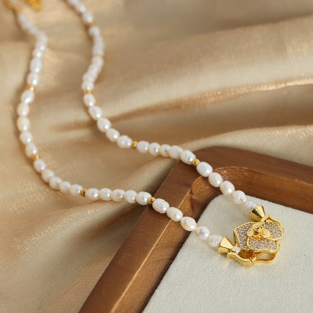 Freshwater Pearl Necklace With Diamond Rose Pendant