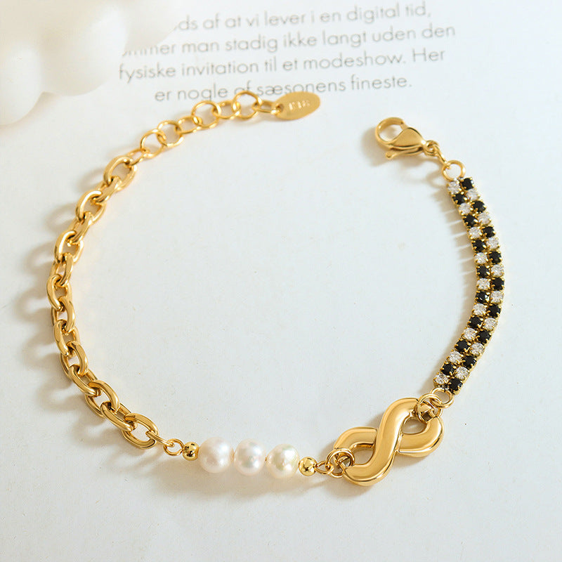 Zircon Stiching Infinity Clasp Pearl Necklace Bracelet Set