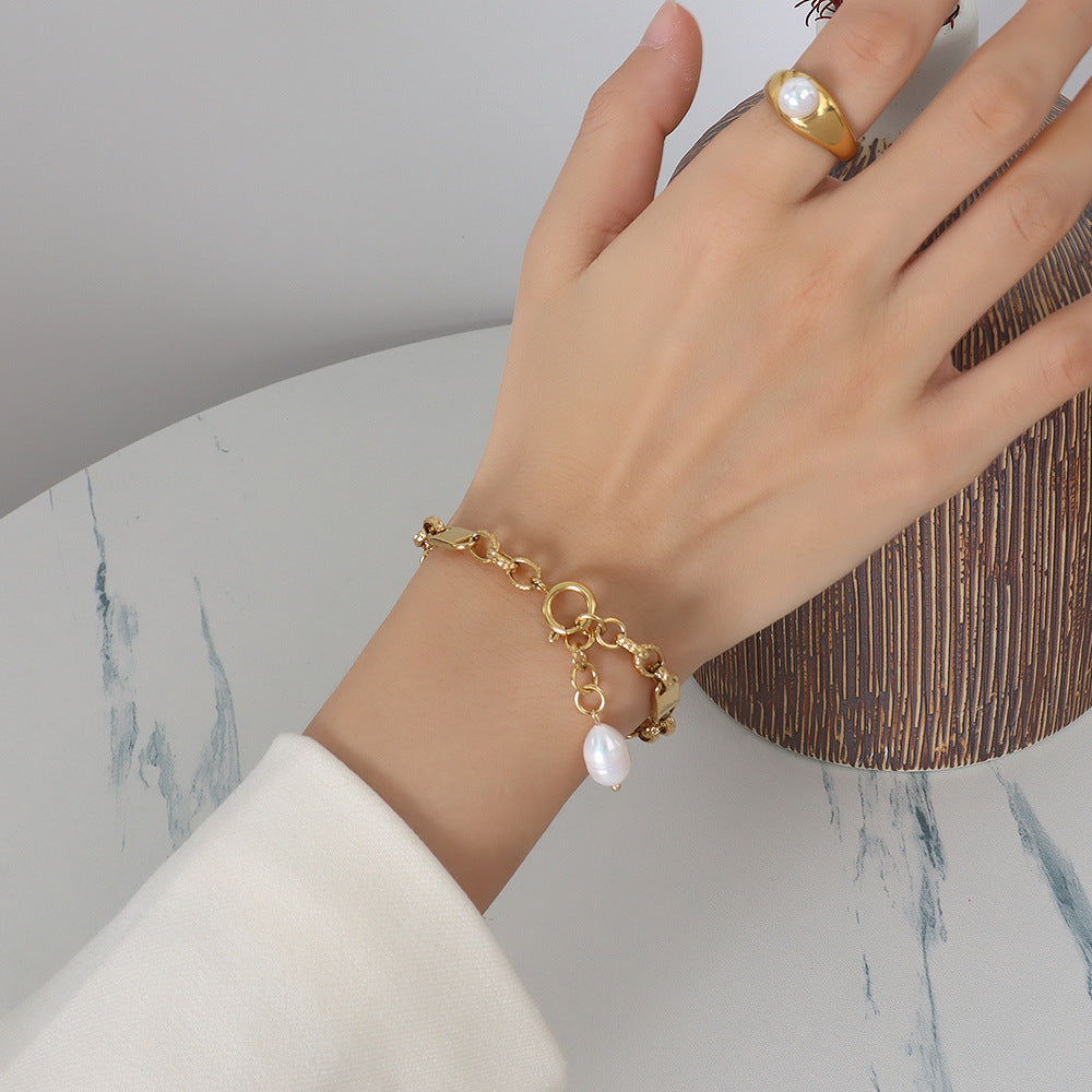 Unisex Wide Flat Gold Chain Pearl Charm Bracelet
