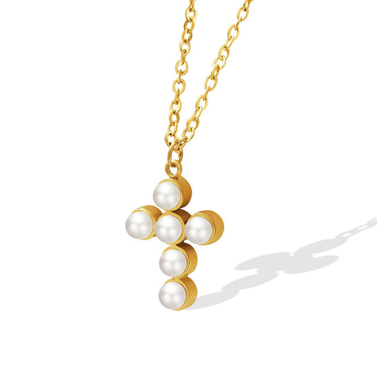 Gold Enhancer Pearl Cross Pendant Necklace