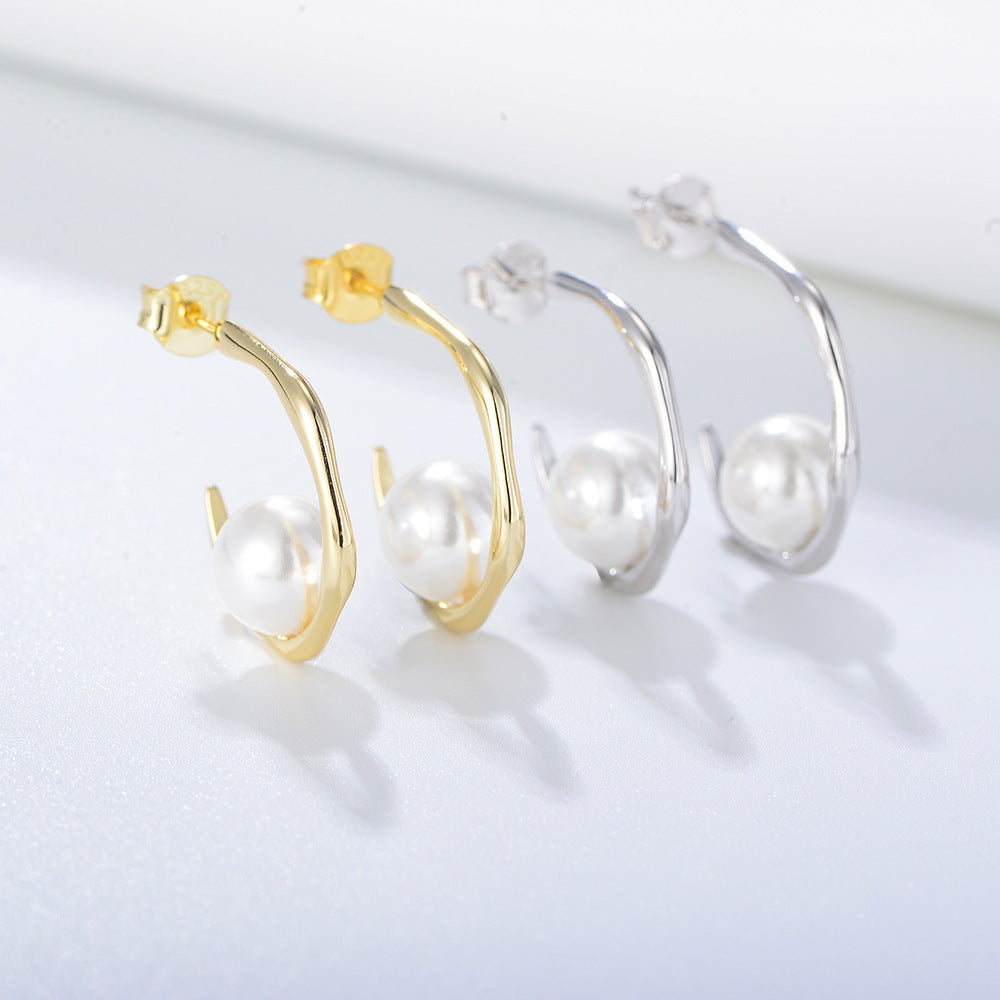 Geometric C Shape Pearl Earrings
