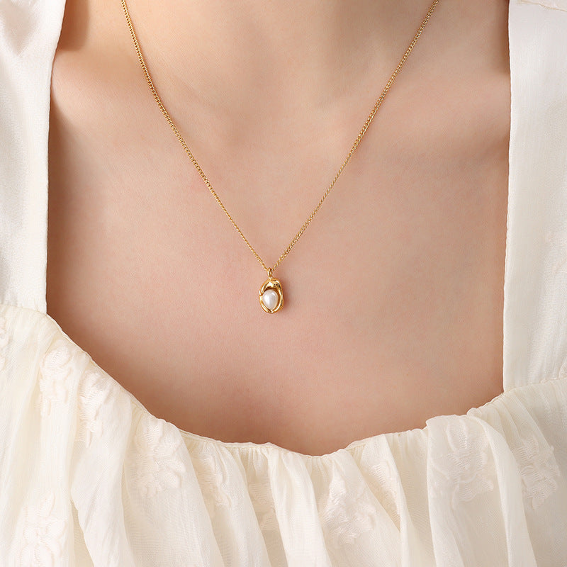 Irregular Gold Enhancer Inlay Pearl Pendant Necklace