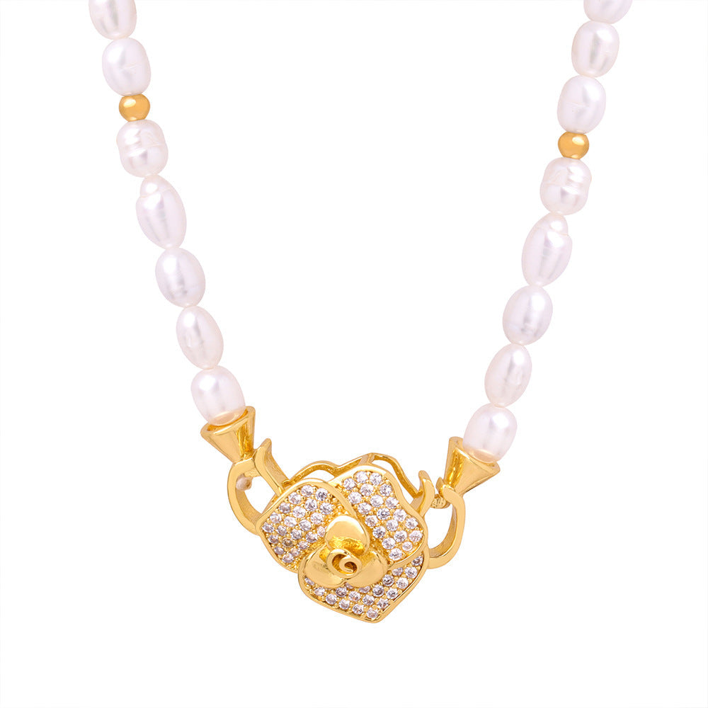 Freshwater Pearl Necklace With Diamond Rose Pendant