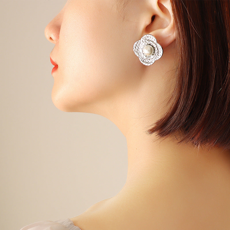 Four Leaf Clover Shaped Pearl Stud Earrings