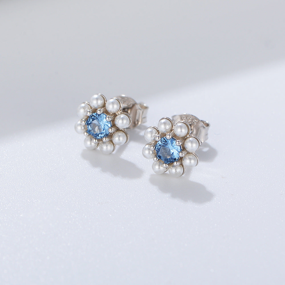 Blue Zircon Pearl Flower Earrings Stud