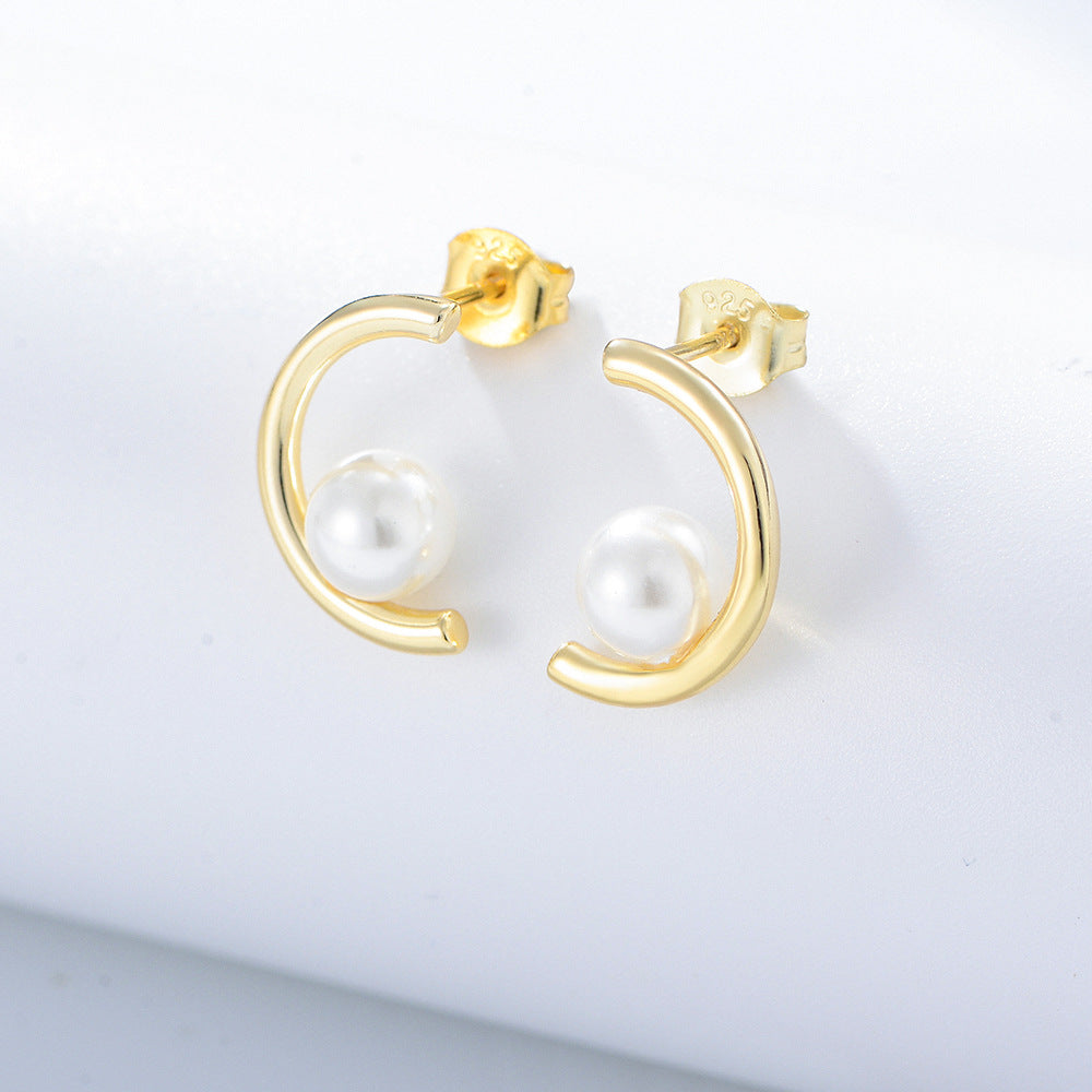 C Shape Pearl Hoops Earrings