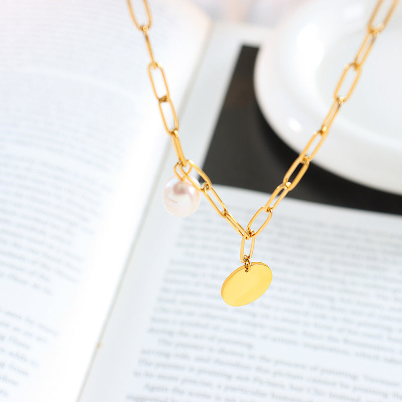 Gold Paperclip Chain Necklace With Coin Pendant Pearl Charm