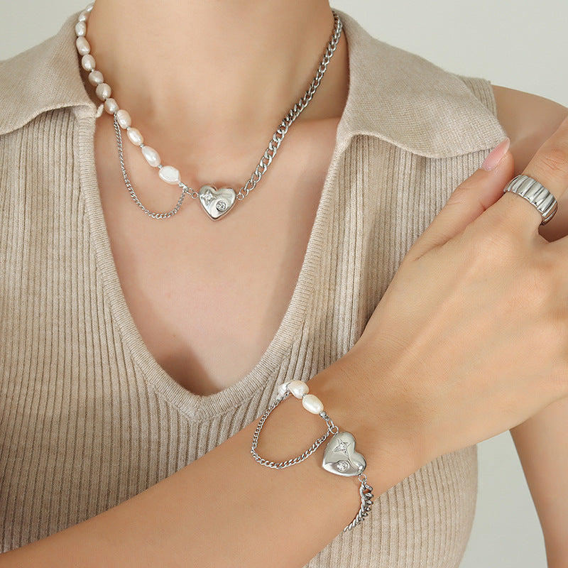 Half Pearl Half Chain Necklace Bracelet Set