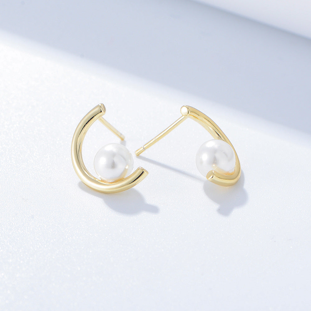 C Shape Pearl Hoops Earrings