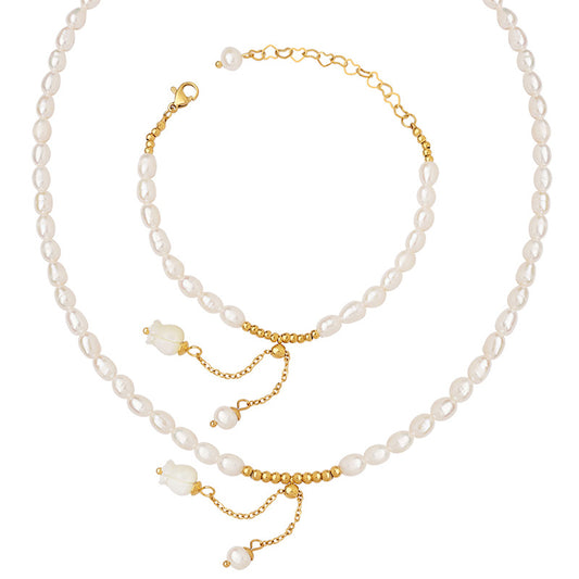 Bell Orchid Pearl Necklace and Bracelet Set