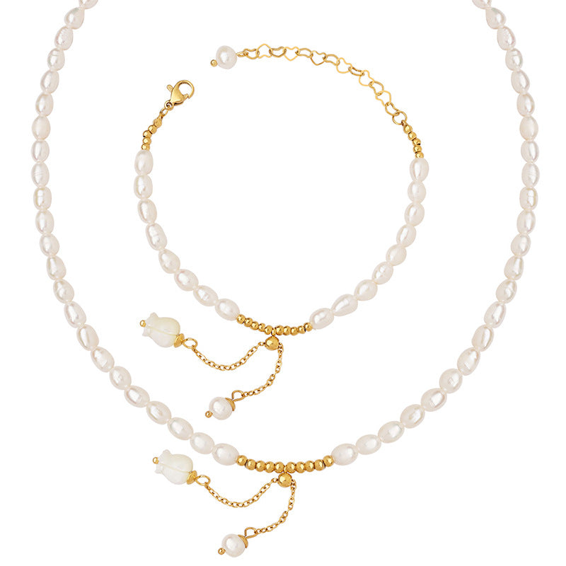 Bell Orchid Pearl Necklace And Bracelet Set