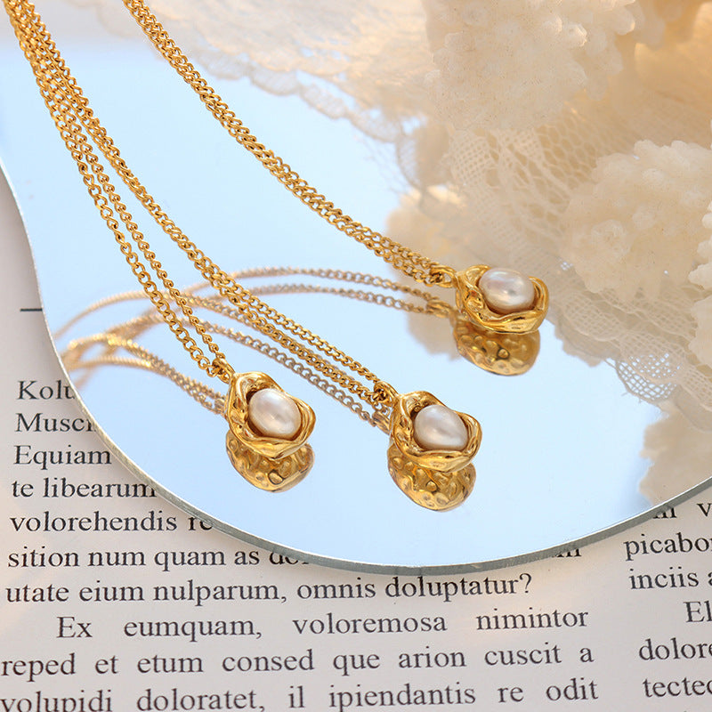 Irregular Gold Enhancer Inlay Pearl Pendant Necklace