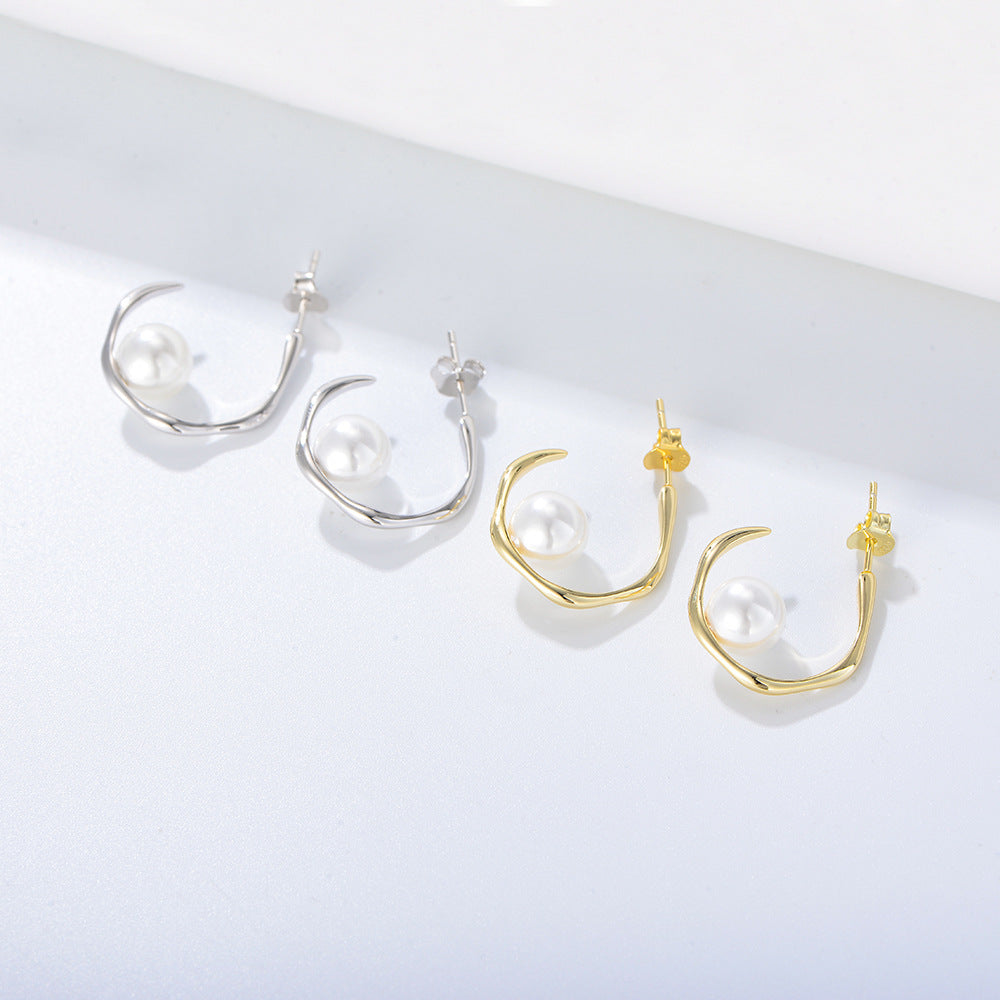 Geometric C Shape Pearl Earrings