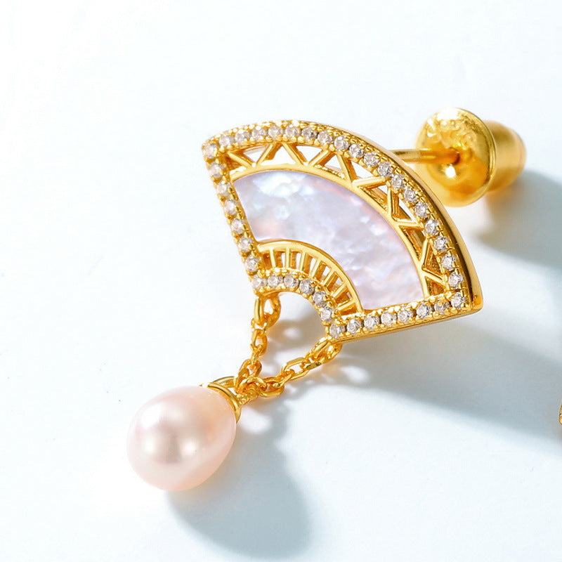 Pearl Drop Shell Fan Earrings