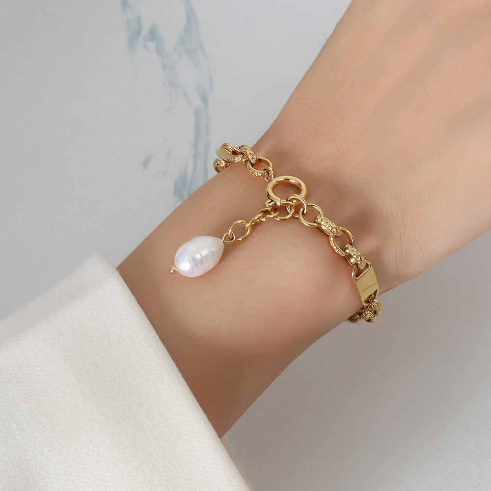 Unisex Wide Flat Gold Chain Pearl Charm Bracelet