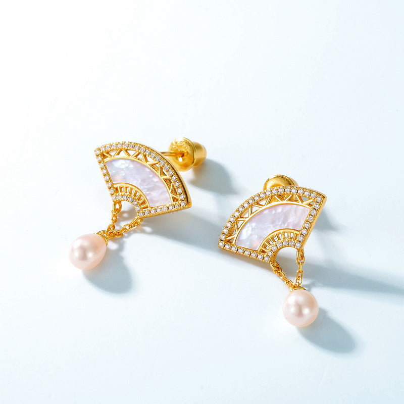 Pearl Drop Shell Fan Earrings