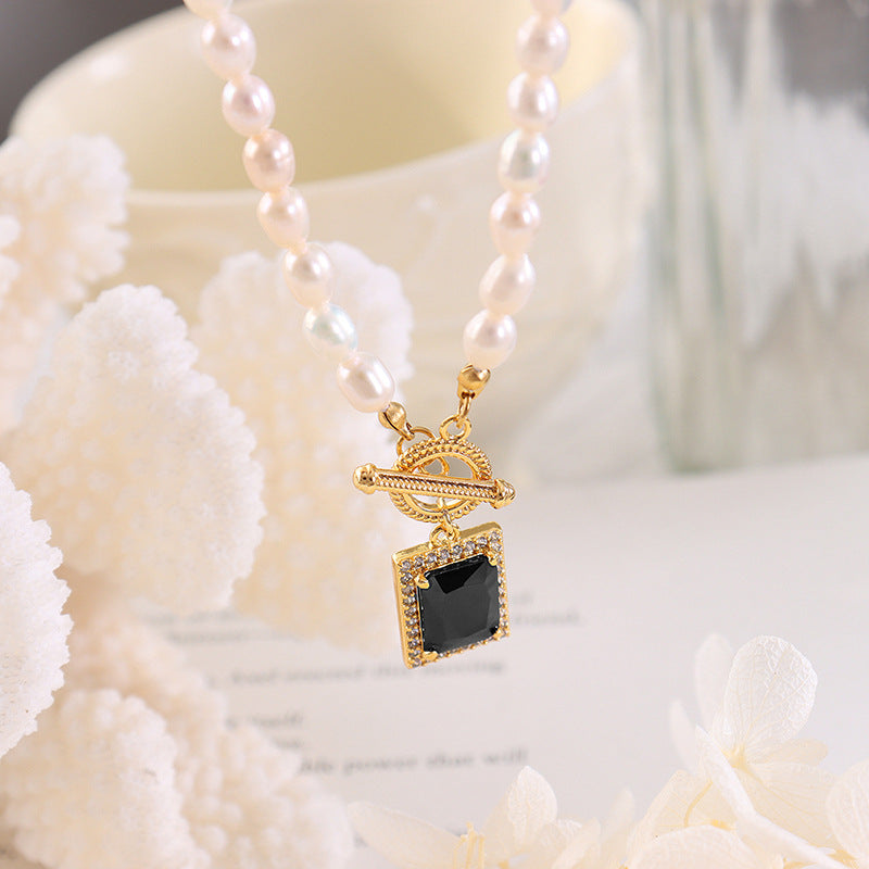 Pearl Necklace With Square Black Zircon Pendant