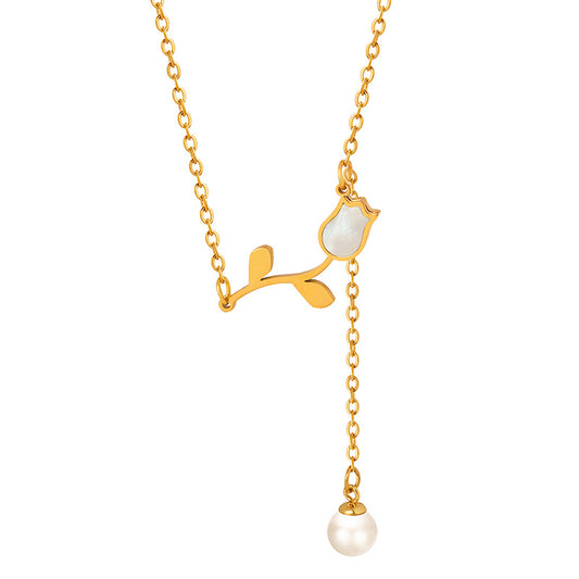 Rose with A Pearl Drop Pendant Necklace