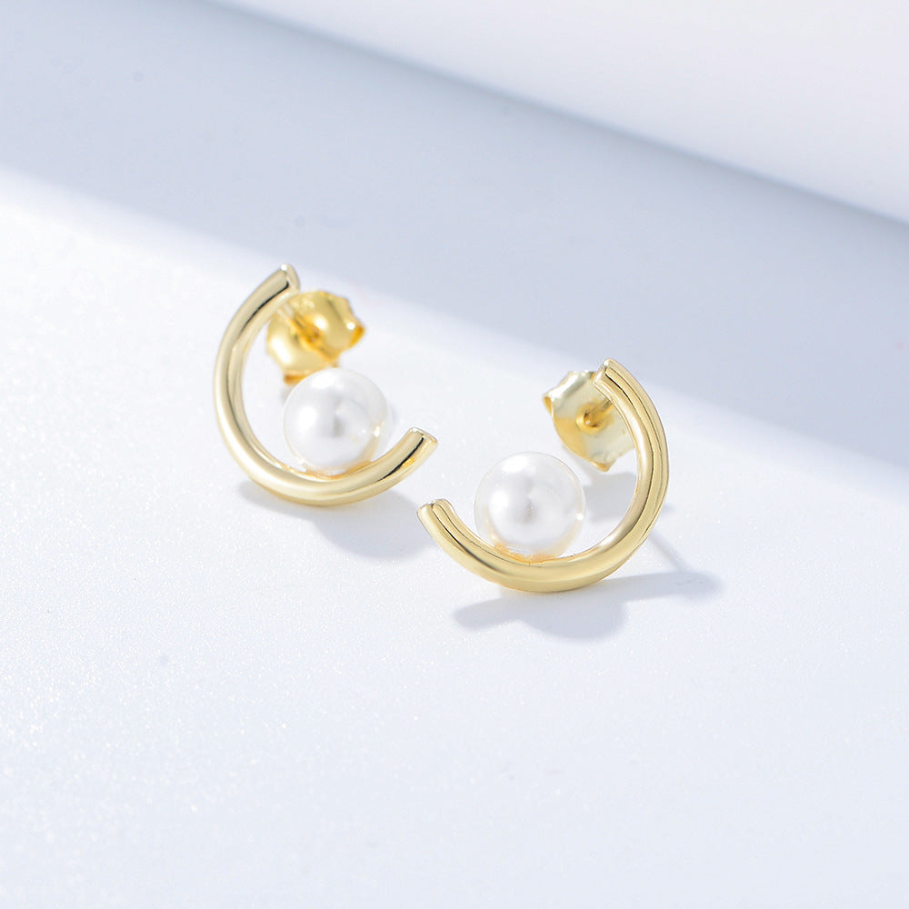 C Shape Pearl Hoops Earrings