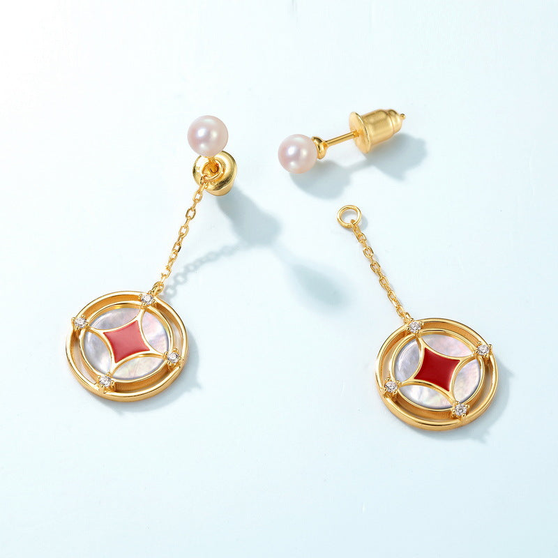 Pearl Studs Red Enamel Earrings