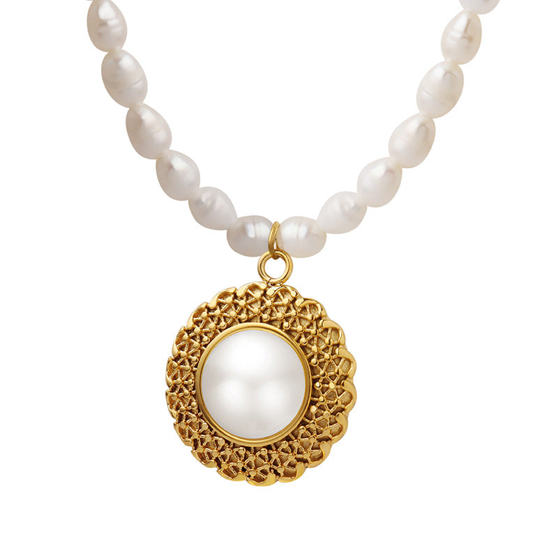 Vintage Bezel Oval Pearl Pendant Necklace