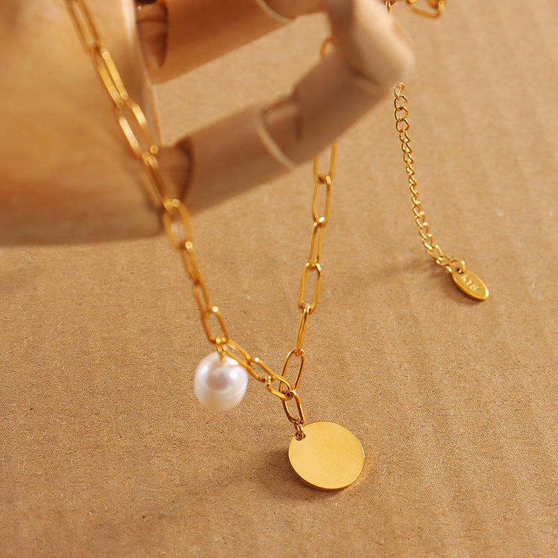 Gold Paperclip Chain Necklace With Coin Pendant Pearl Charm