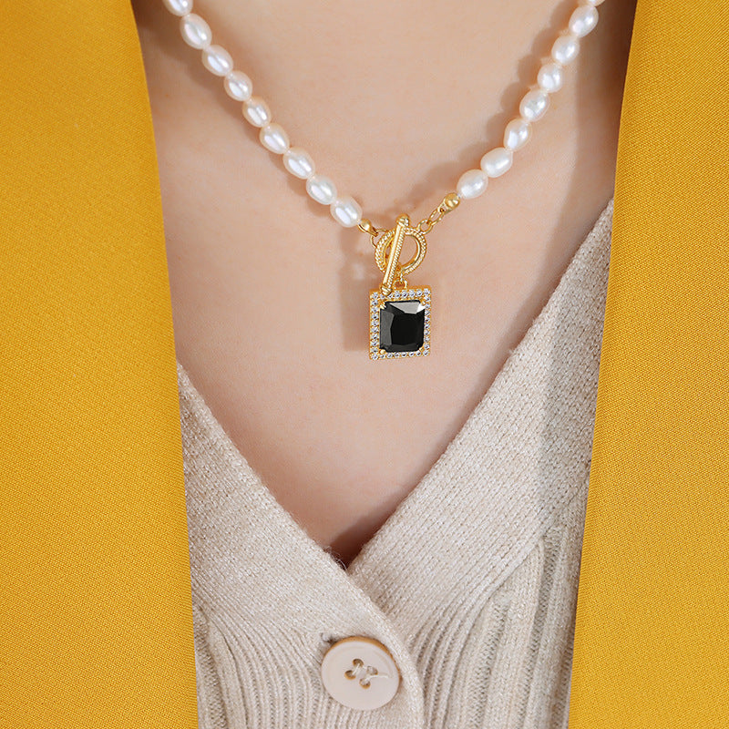 Pearl Necklace With Square Black Zircon Pendant