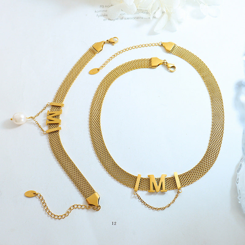 Letter M Pearl Pendant Wide Flat Necklace And Bracelet Set