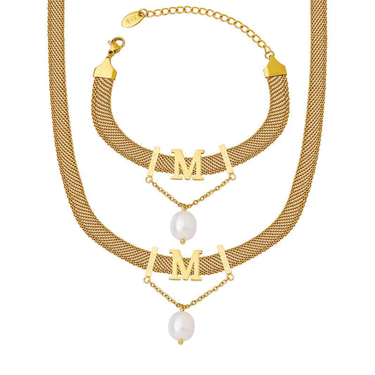 Letter M Pearl Pendant Wide Flat Necklace and Bracelet Set