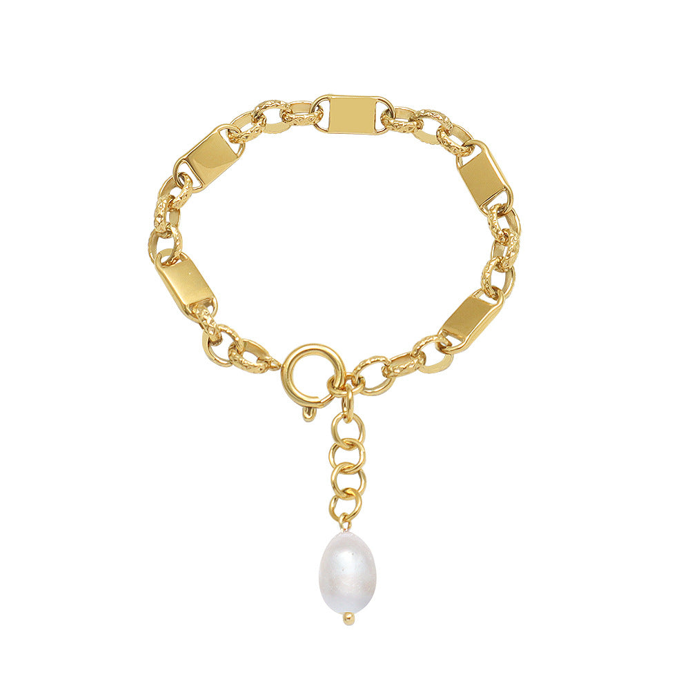 Unisex Wide Flat Gold Chain Pearl Charm Bracelet