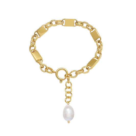 Unisex Wide Flat Gold Chain Pearl Charm Bracelet