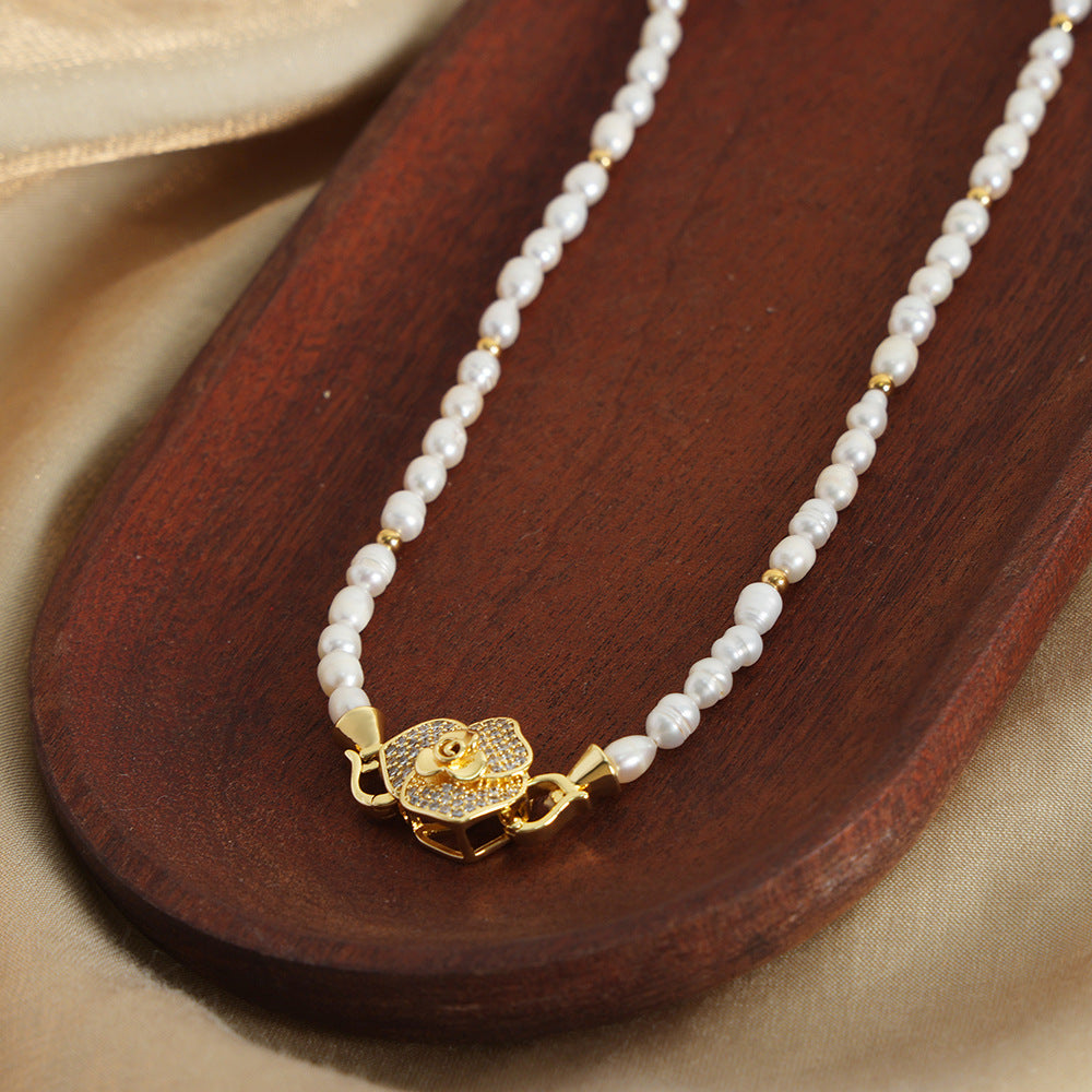 Freshwater Pearl Necklace With Diamond Rose Pendant