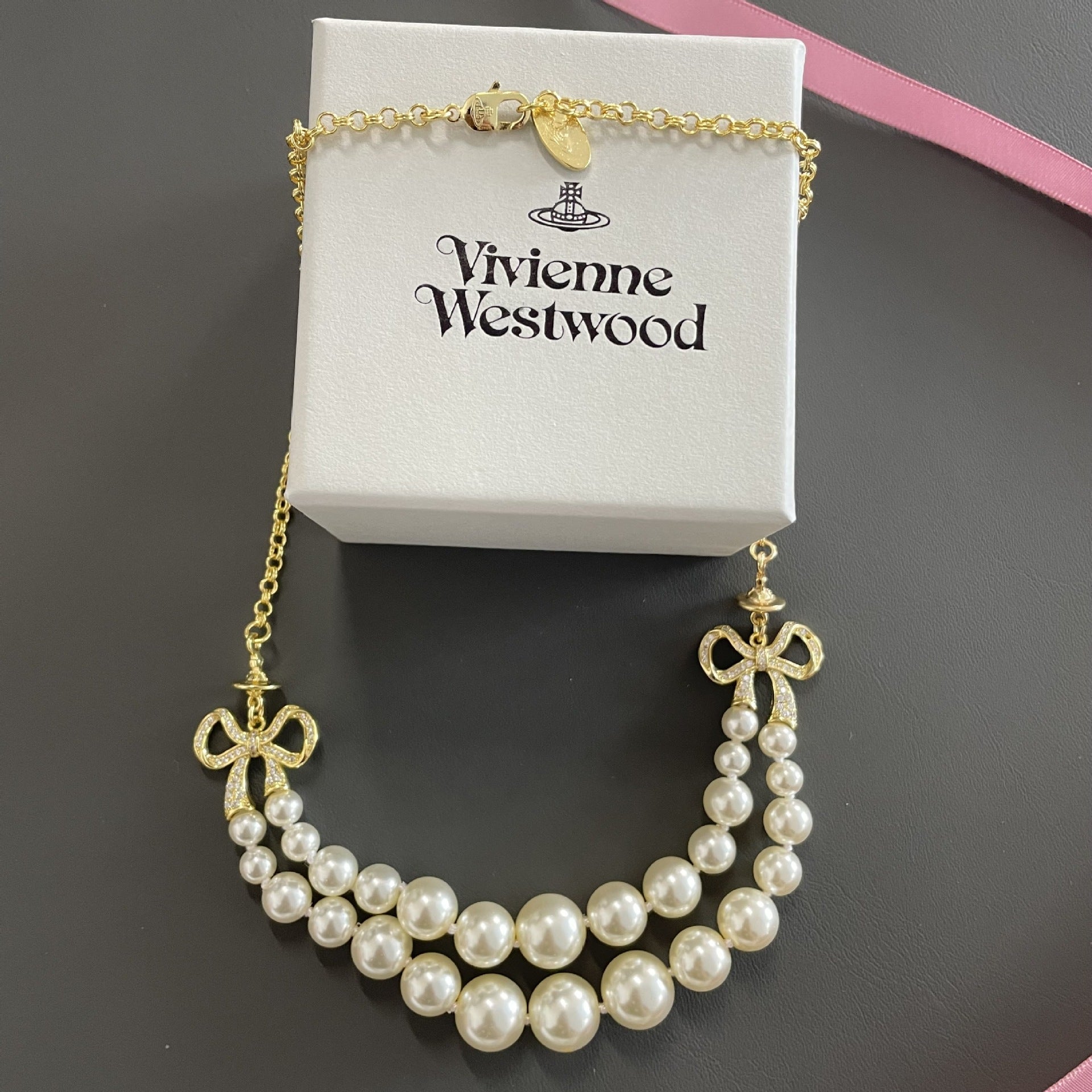 VIVI Bow Knot 2 Row Pearl Necklace