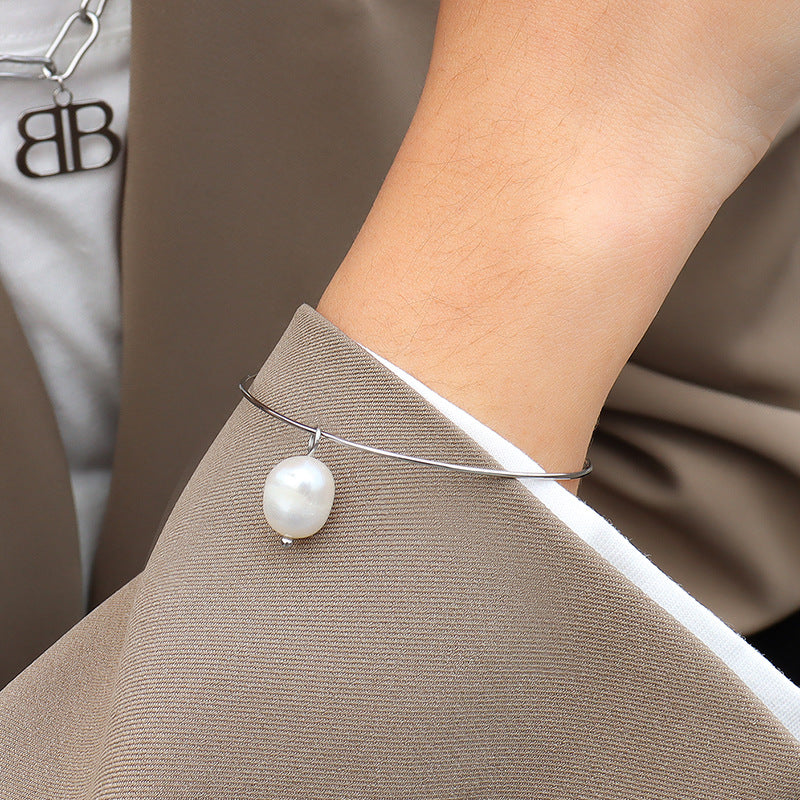 Magnetic Clasp Freshwater Pearl Charm Bangle Bracelet