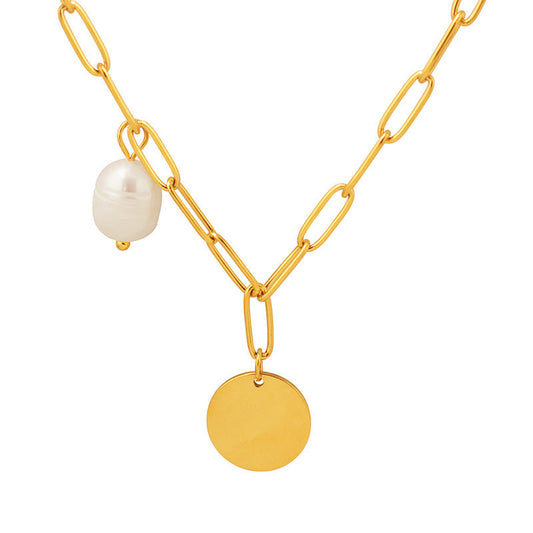 Gold Paperclip Chain Necklace With Coin Pendant Pearl Charm