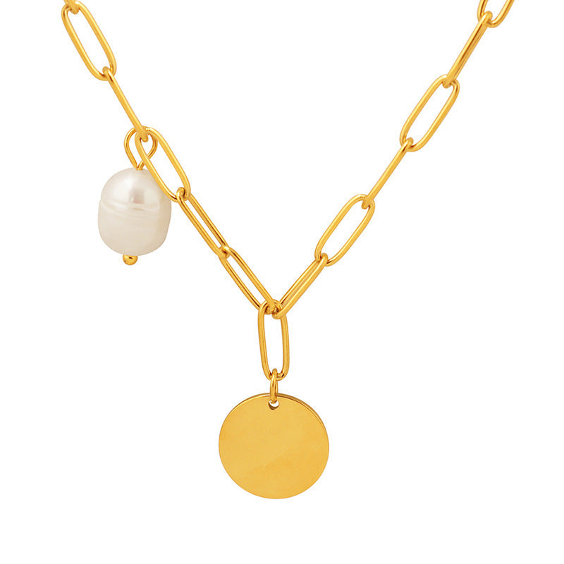 Gold Paperclip Chain Necklace With Coin Pendant Pearl Charm