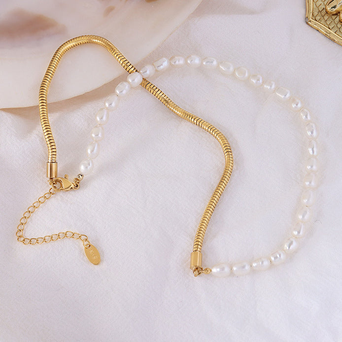 Half Freshwater Pearl Half Snake Chain Necklace