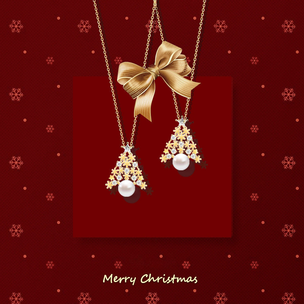 Gold Christmas Tree Snowflake Pendant Necklace