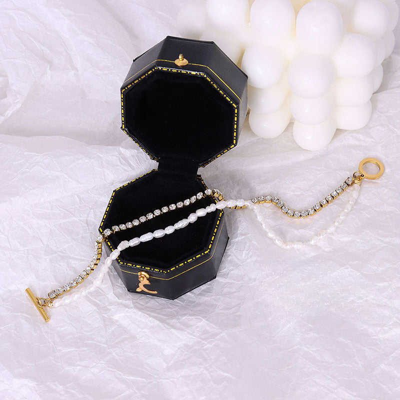 OT Clasp Double Layered Rhinestone And Freshwater Pearl Bracelet