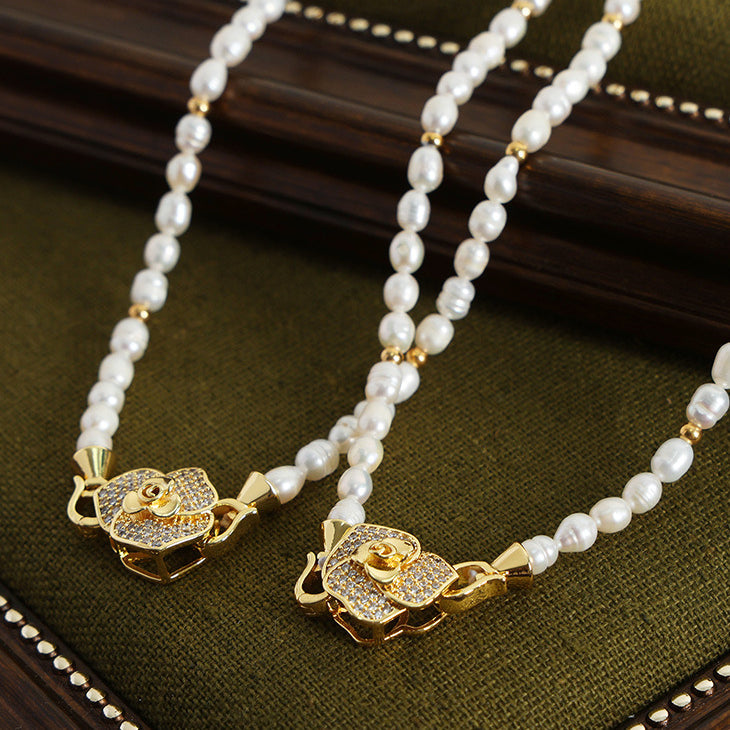 Freshwater Pearl Necklace With Diamond Rose Pendant