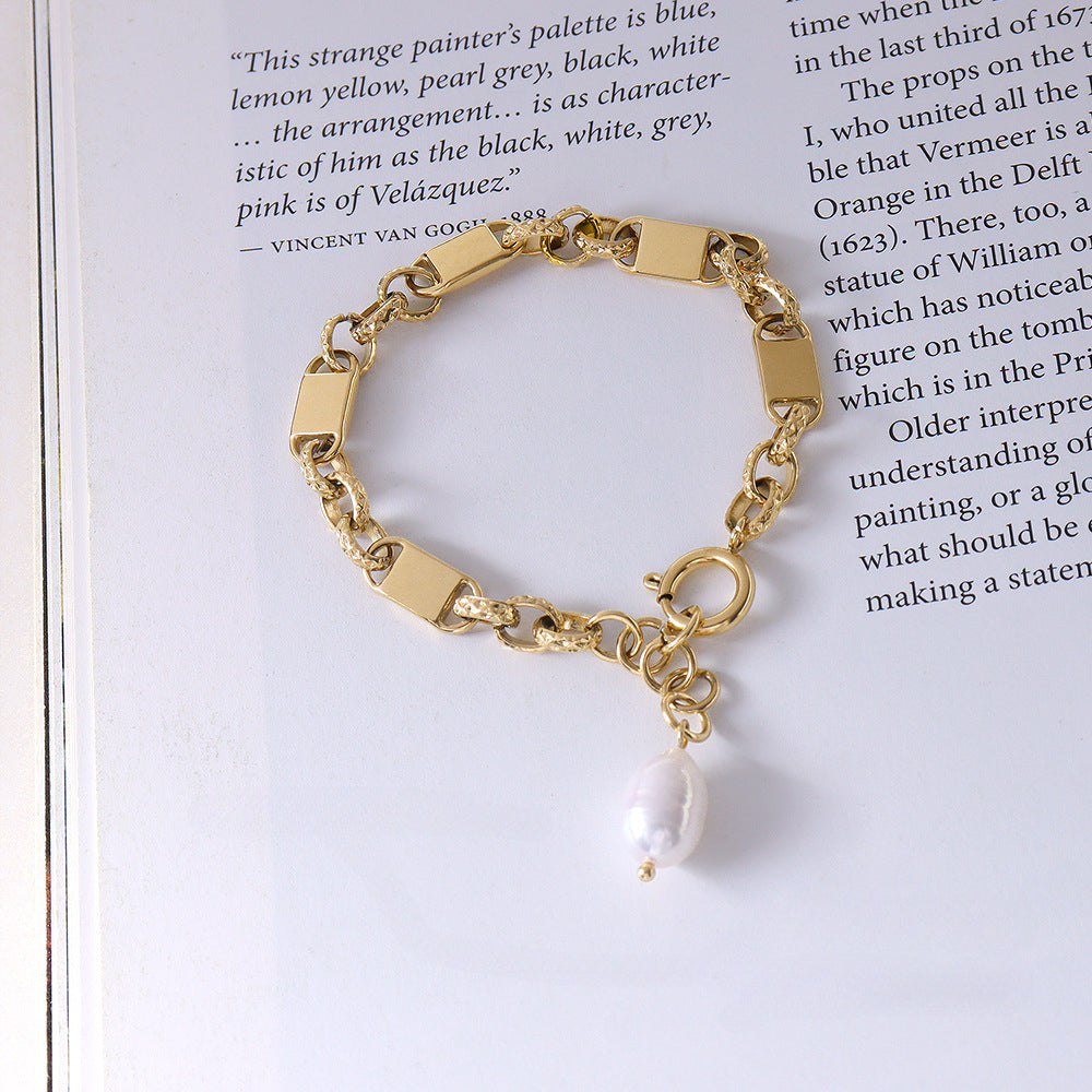 Unisex Wide Flat Gold Chain Pearl Charm Bracelet